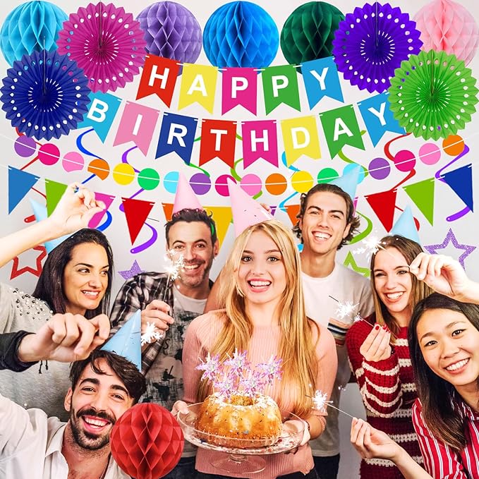 Birthday Decorations Colorful Happy Birthday Banner Paper Fans Honeycomb Balls Hanging Swirl Stars Triangles Dots Garland Cupcake Toppers Party Decorations for Women Men