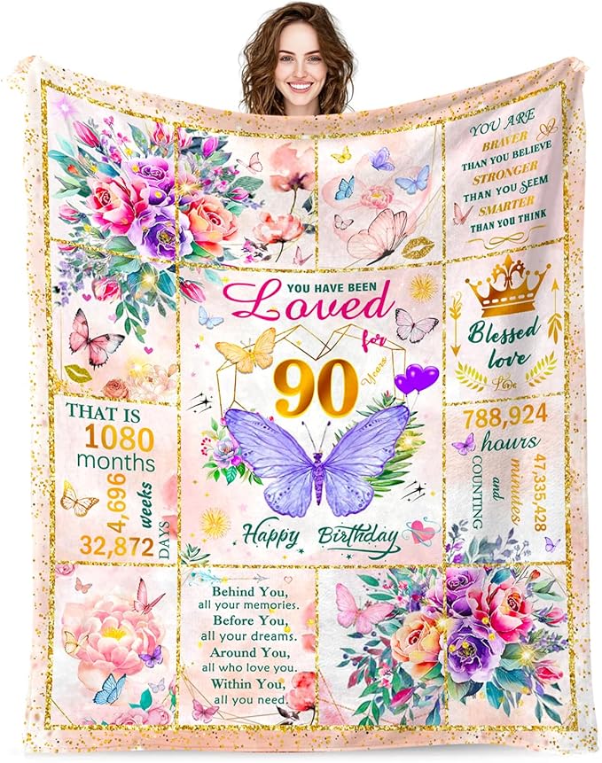 90th Birthday Gifts for Women, Super Soft Unique Fun Purple Butterfly Flower Blanket Gifts for Anniversary Christmas, 90th Birthday Decorations for Women, Cozy Warm Plush Fuzzy Fleece Blanket 60"x50"