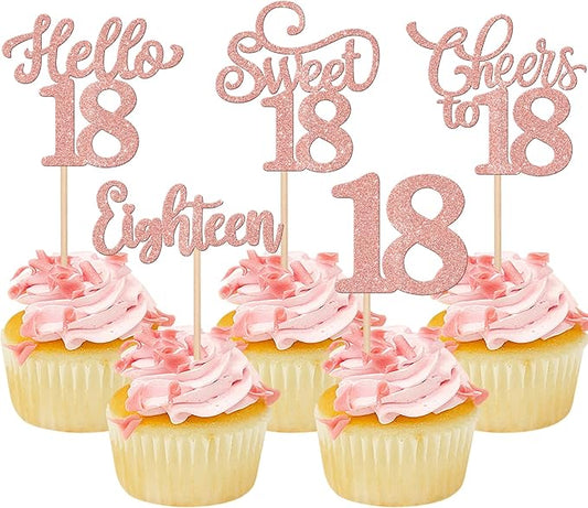 30PCS Happy 18th Birthday Cupcake Toppers Glitter Eighten Sweet 18 Hello 18 Cupcake Picks Cheers to 18 Birthday Decorations for 18th Birthday Anniversary Party Cake Decoration Supplies Rose Gold