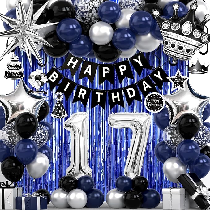 17th Birthday Decorations for Boys and Girls, Black Blue Silver Happy Birthday Number 17 Balloons, Banner, Fringe Curtains Garland Kit - 17 Year Old Party Supplies