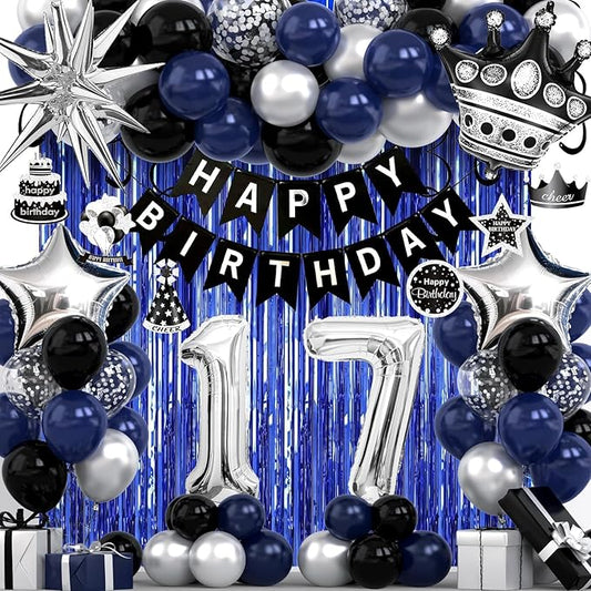 17th Birthday Decorations for Boys and Girls, Black Blue Silver Happy Birthday Number 17 Balloons, Banner, Fringe Curtains Garland Kit - 17 Year Old Party Supplies