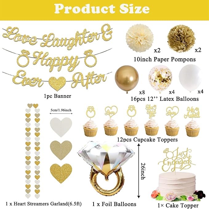 Vlipoeasn Champagne Gold Engagement Party Decorations, Just Engaged Supplies for Couple Includes 12" Gold & White Latex Balloons, Diamond Ring Foil Balloon, Cake Toppers, Paper Pompom