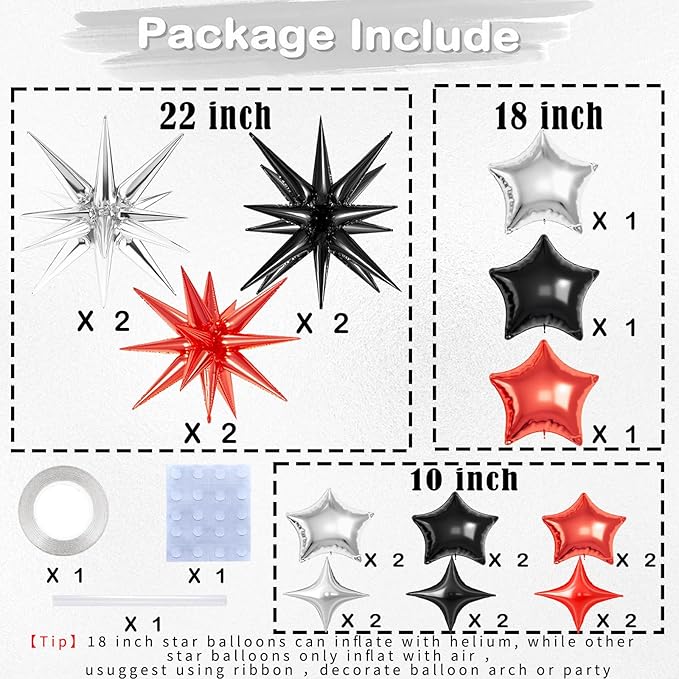 21 Pcs Star Balloons,22/18/10 Inch Star Foil Mylar Balloon,Spike Balloon and Four Pointed Balloons for Party Supplies Christmas Birthday Wedding Photo Booth (Silver Black Red)