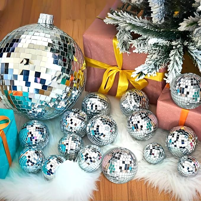 46 PCS Disco Mirror Ball Reflective Mini Glass Hanging Decorations Assorted Silver 6 Inches Large Disco Ball for Wedding Dance Music Ballroom Hall Props Club Stage Backdrop Props (6 inch)