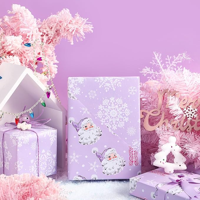 WRAPAHOLIC Reversible Christmas Wrapping Paper - Mini Roll - 17 Inch x 33 Feet - Purple Santa Claus and Snowflake with Embossed for Christmas, Holiday, Party Celebration
