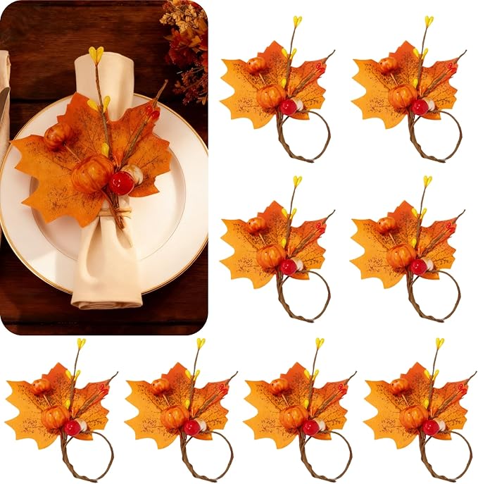 8 Set Napkin Rings Fall Thanksgiving Halloween Pumpkin Maple Leaves Red Berry Napkin Holder for Table Decor, Wedding, Fall Banquet, Holiday, Dinner Party (Orange)