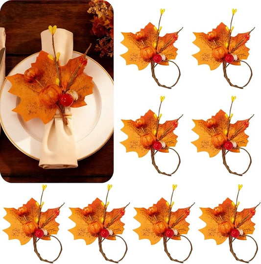 8 Set Napkin Rings Fall Thanksgiving Halloween Pumpkin Maple Leaves Red Berry Napkin Holder for Table Decor, Wedding, Fall Banquet, Holiday, Dinner Party (Orange)