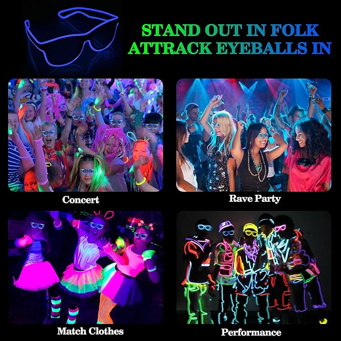 YouRfocus Wireless Led Light up Glasses 2 Pack Glow in The Dark Neon Rave Glasses for Rave Party, EDM, Halloween, Christmas (Blue + Pink)