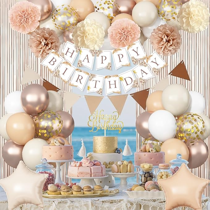 Beige Brown Birthday Decorations for Women, Gold Neutral Cream Sand White Party Balloon Kit with Boho Happy Birthday Banner Fringe Curtain Background Pom Pom Cake Topper for Boy Girl Men Bday Supplies