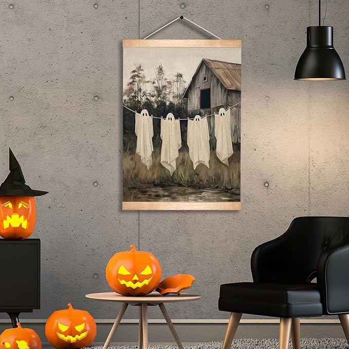 Rustic Halloween Ghost Linen Canvas Wall Art 18.5x14 Inch, Vintage Farmhouse Barn Wall Hanging Poster, Spooky Fall Decor, Retro Gothic Haunted House Theme Wall Poster for Living Room Bedroom (BLK08)