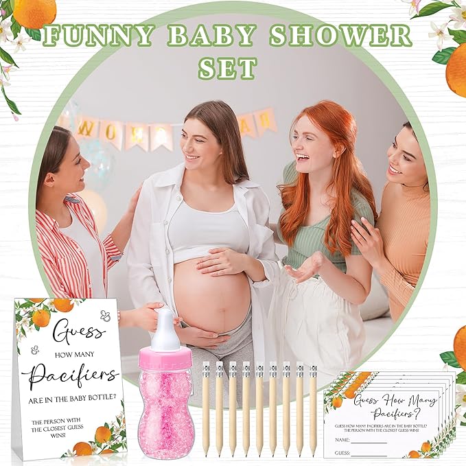 Roowest 512 Pcs Baby Shower Games Guess How Many Pacifiers Sign 100 Small Guessing Games 10 HB Pencils 750ml Milk Bottle 400 Acrylic Pacifiers Decoration for Guest Gender Reveal(Pink,Orange)