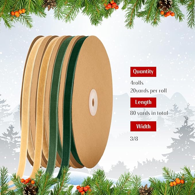Chuangdi 80 Yards Christmas Velvet Ribbon, 4 Rolls 3/8" Thin Vintage Ribbon for Xmas Gift Wrapping Christmas Tree Wreath Ornaments DIY Crafts Decoration, Green Khaki