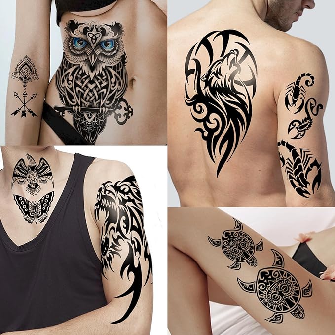 77 Sheets Tribal Temporary Tattoos for Men, 17 Sheets Half Arm Western Tribal Wolf Lion Owl Skull Fake Tattoos for Adults Women, 60 Black Tiny Tattoos Sticker for Halloween Party Supplies