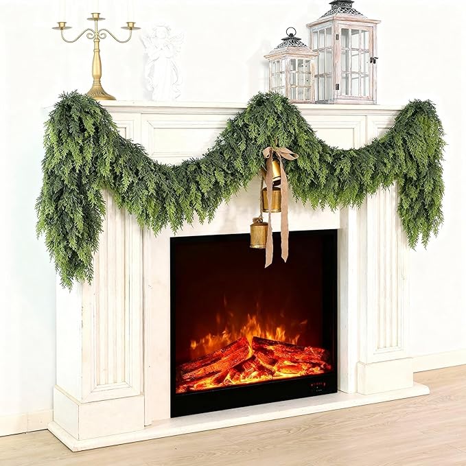 16FT Real Touch Cedar Garland for Fireplace - Artificial Christmas Garlands Realistic Faux Greenery Fake Pine Needles Garland for Holiday,Table, Window,Mantel,Stairs, Home,Indoor Outdoor Decor (1PCS)