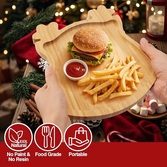 Christmas Serving Tray, Reindeer Shape Charcuterie Board, Bamboo Serving Platter Dish for Holiday Party Food Tray for Cheese Snack Fruit 10 x 8.7 x 0.6 Inches