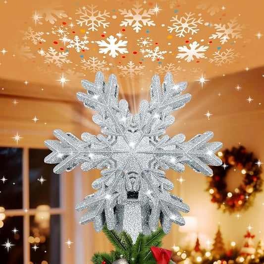Christmas Tree Topper Lighted with Snowflake Projector, LED Rotating Snowflake, 3D Glitter Lighted Tree Topper for Christmas Tree, Hollow Design, Christmas Tree Decor for Home Office Indoor, Silver