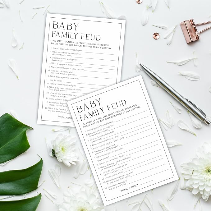 Baby Shower Party Games- Minimalism Black &White-Family Feud Game For Guest-30 Game Cards & 1 Answer Card-Wishes For Baby-Baby Announcement Gender Reveal Game Card 09