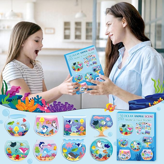 CY2SIDE Ocean Animal Face Sticker - 40PCS Summer Sea Animal Aquarium Scene Make a Face Sticker Sheets for Kids Make Your Own Under The Sea Fish Tank Scene Craft Games for Kids Classroom Activities