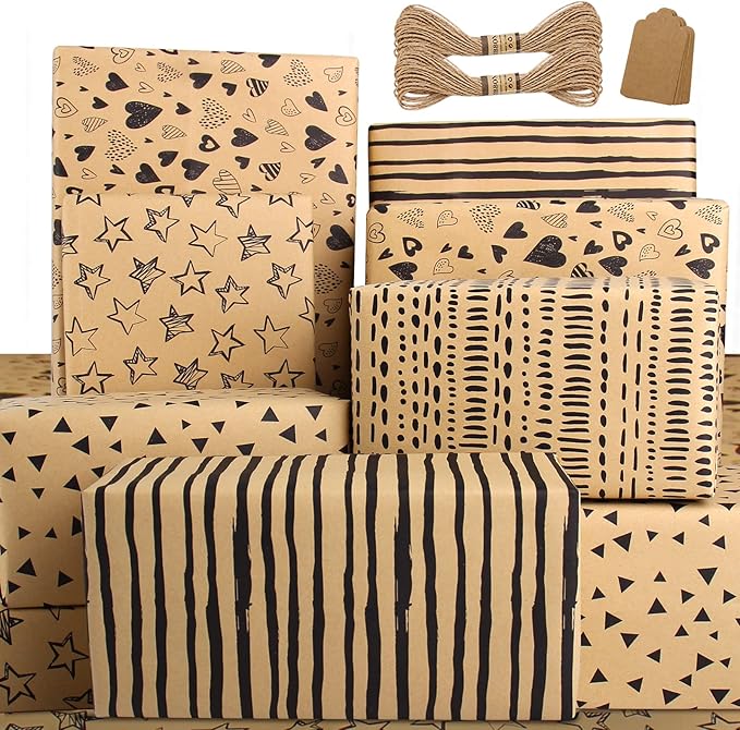 Wrapping Paper Sheets-Gift Wrapping Paper Set with Tags & String-Brown Kraft Wrapping Paper Birthday Gift Wrap for Present Wrapping Paper-Birthday Paper Birthday Wrap for Women Girl Men Boys Kids(6 Sheets, 28"Lx20"W per Sheet)