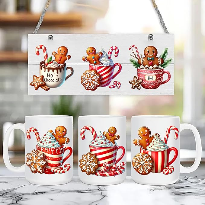 UV DTF Stickers - 12 Sheets Christmas Gingerbread UV DTF Cup Wrap for Coffee Mugs Glass, DIY Decals for Tumblers, Waterproof Rub on Transfers for Crafts
