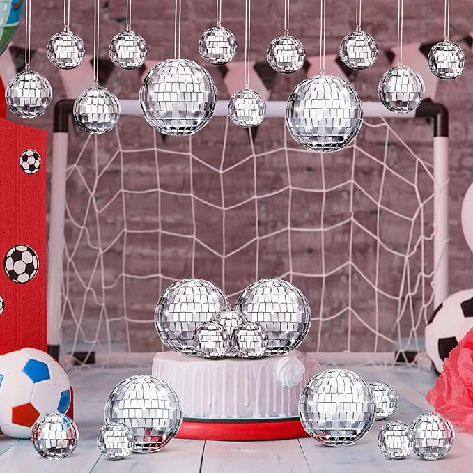 MTLEE 20 Pcs Disco Balls Decoration Mirror Disco Ball Assorted Silver Hanging Mini Glass Different Sizes Reflective with Rope for 70s Wedding Dance Music Prom Props(3.9 Inch, 3.15 Inch, 2 Inch)