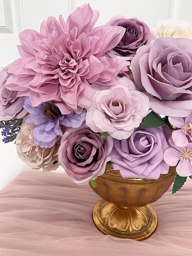 Roses Artificial Flowers Purple Fake Flower Bulk for DIY Wedding Bouquet Bridal Baby Shower Centerpiece Table Decorations Silk Faux Floral Arrangements for Party Home Decor Cake Decorating