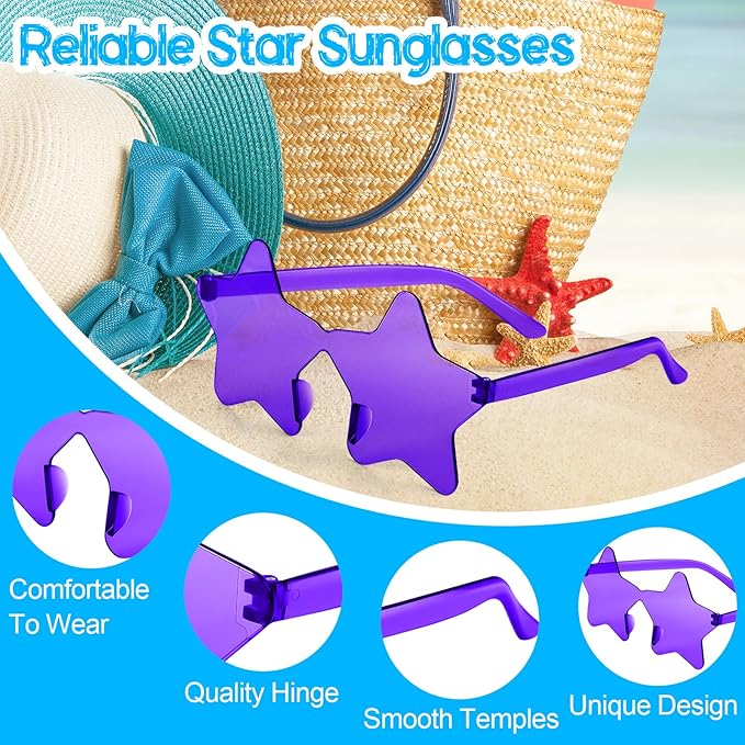 PLULON 7 Pairs Purple Star Sunglasses Bulk Rimless Star Shape Sunglasses Star Glasses Bachelorette Sunglasses Star Party Favors for Birthday Beach Kids Adult