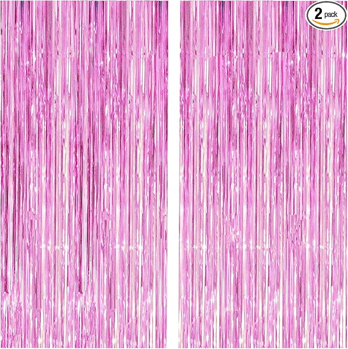 2 Pcs 3.2ft x 8.2ft Shiny Pink Metallic Tinsel Foil Fringe Curtains Photo Booth Pink Backdrop for Birthday Wedding Bridal Shower Baby Shower Bachelorette Party Decorations