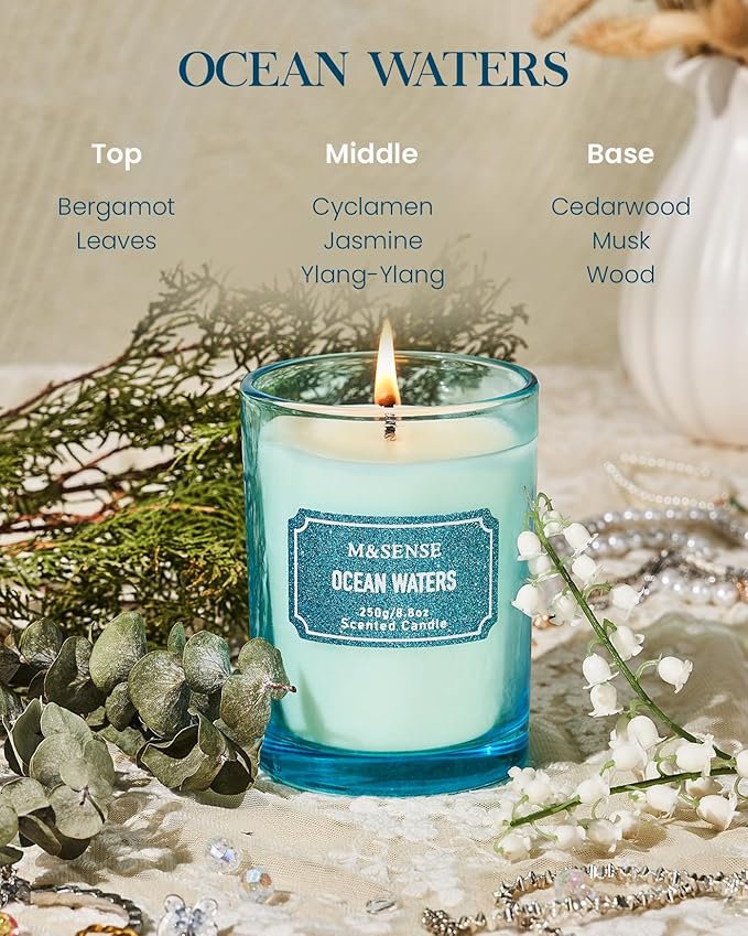 M&SENSE Ocean Water Scented Candles, Classic Size 8.8 oz Glitter Jar Candles, Holiday Candles Gifts for Women, Strong Scented Natural Soy Candle for Winter Home Decor, 50 Hours Long Burning