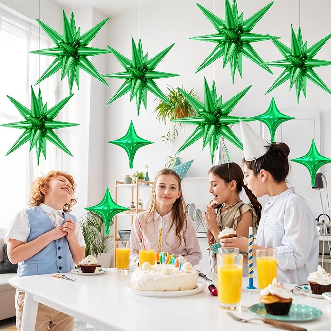 18 Pcs Green Star Balloons, Green Balloon with 6 Pcs 22-Inch Explosion Star Balloons 12Pcs 10-Inch Four Pointed Stars Foil Balloon for Jungle Safari Theme Football Birthday Party Decorations
