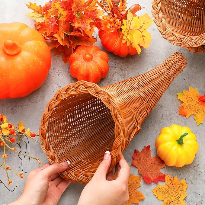 Dandat 1 Pcs Thanksgiving Cornucopia Basket 13.78 Inch Thanksgiving Horn of Plenty Fall Table Decoration Harvest Cornucopia for Autumn Table Centerpieces Fall Party Decorations