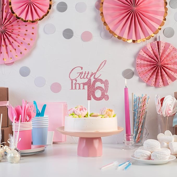 Giiirl I'm 17 Cake Topper - Pink Glitter Sweet 17 Birthday Decorations for Girls, Funny 17th Party Supplies for Teens, Girly I'm 17 Cake Decor (Giiirl I’m 17！, 17th)