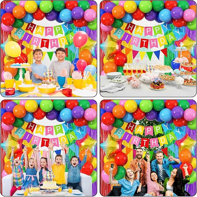 Rainbow Birthday Decorations for Kids, Colorful Party Decor Assorted Color Latex Foil Balloons Fringe Backdrop Happy Birthday Banner Cake Toppers for Boys Girls Carnival Circus Party Supplies