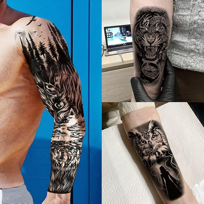 20 Sheets Black Lion Leopard Full Arm Temporary Tattoos For Men Adults Thigh, Floral Forest Wolf Skull Skeleton Eagle Maori Turtle Totem Fake Sleeve Tattoos For Women, Halloween Tattoo Stickers Flower