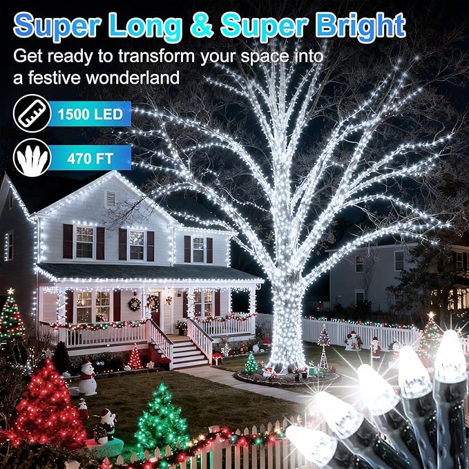 1500 LED 470FT Christmas String Lights, 12 Modes and Timer Memory Dimmable, Plug in Outdoor Waterproof Dark Green Wire Twinkle Fairy Light for for Xmas Yard Tree Wedding Party Outside Decor Cool White