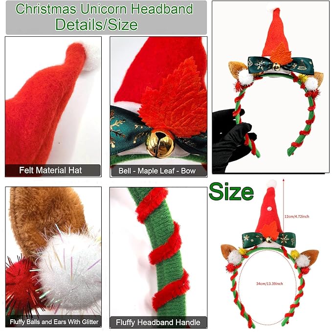Christmas Unicorn Headband with Santa Hat Horn, Green Bow & Gold Bells - Festive Xmas Party Hair Accessories for Women, Christmas Cosplay Hairband,Holiday Festival Gift Supplies