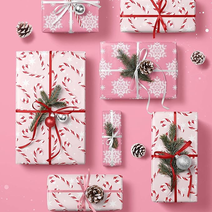 LaRibbons Reversible Christmas Wrapping Paper Roll, Pink Snowflake & Candy Cane Design for Christmas, Party, Holiday, Celebration, 17 Inch X 33 Feet