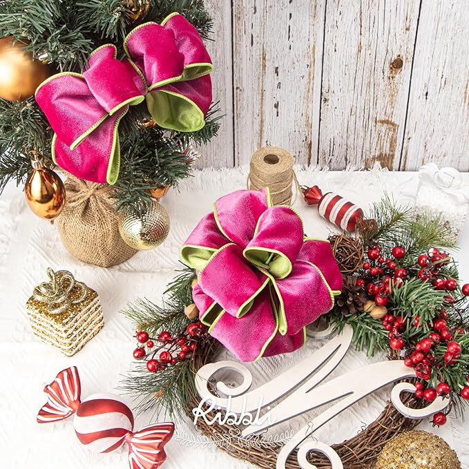 Ribbli Hot Pink Lime Green Velvet Wired Ribbon 2.5 Inch Velvet with Satin Christmas Ribbon for Gift Wrapping Christmas Tree Decoration Crafts Wreaths Supplies-Continuous 10 Yards