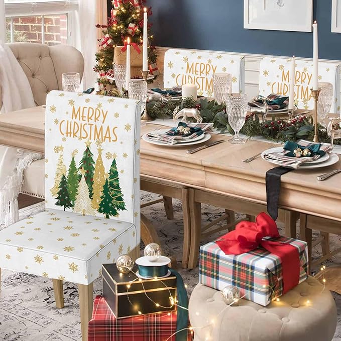 Horaldaily 8PCS Christmas Dining White Chair Covers, Christmas Pine Tree Stars Stretch Removable Washable Slipcover Chair Protector for Dining Room Home Decor