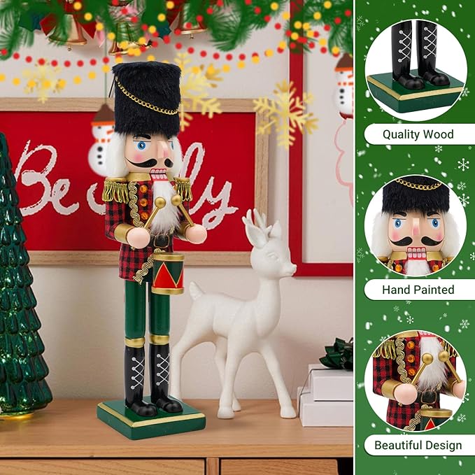 14" Wooden Drummer Nutcracker, Festive Christmas Decoration, Handcrafted Drummer Themed Nutcracker Collectible Christmas Decor for Tabletop, Shelves, and Fireplace Mantel (Drum)