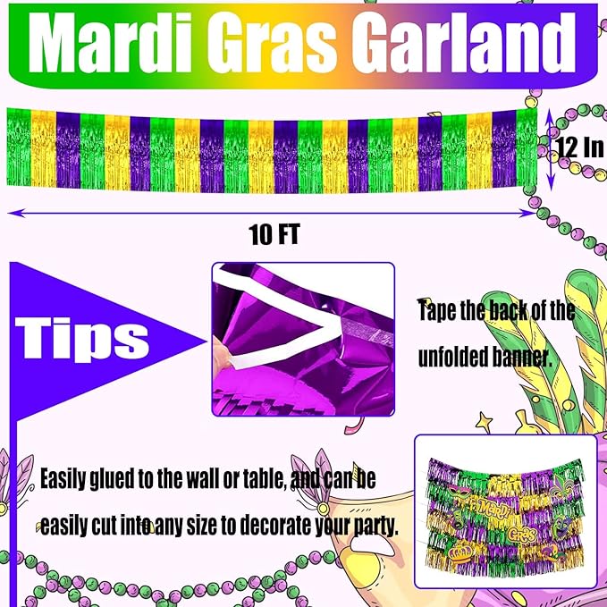 6 Pack 10 Feet Mardi Gras Foil Fringe Garland Metallic Tinsel Streamers Banner Wall Hanging Backdrop for Parade Floats, Birthday, Carnival Party Decorations(Gold Green Purple)