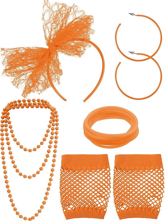 Blulu 80s Costume Accessories for Women Lace Headband Earrings Fishnet Gloves Necklace Bracelet for 80s Retro Party