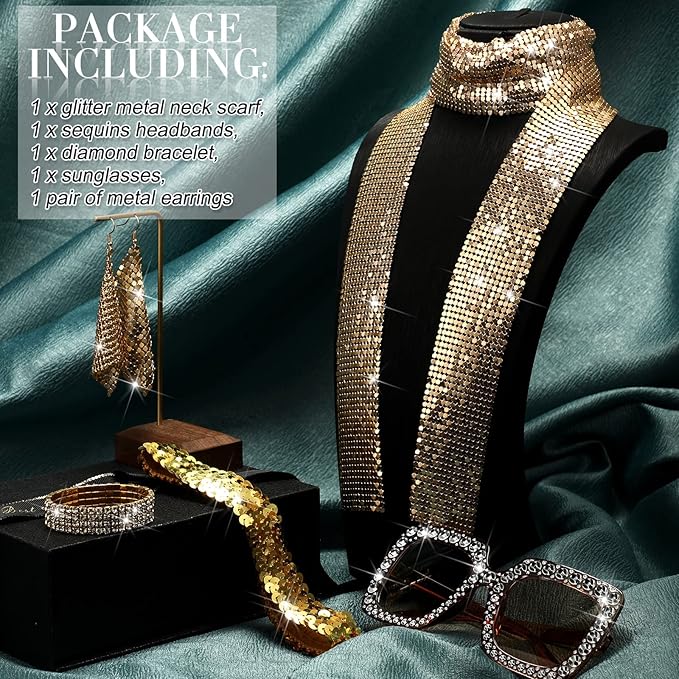 Sasylvia 5 Pcs 70s Disco Accessories Halloween Women Costume Jewelry Sequin Scarf Earrings Sunglasses Bracelet Headband