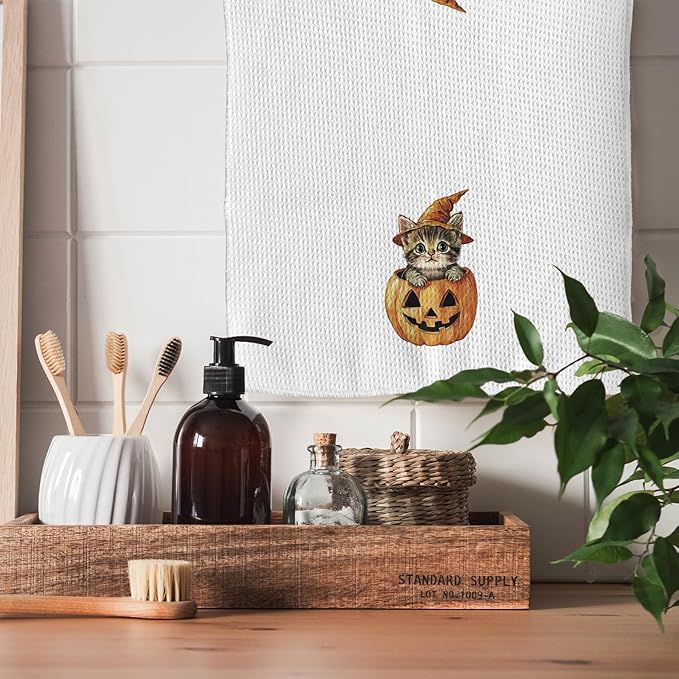 TNUW Halloween Cat Pumpkin Kitchen Towels 16x24 Inch, Cat Mom Lady Lovers Gifts Dish Tea Towels for Kitchen, Halloween Cute Witchy Kitten Spooky Pumpkin Decorative Hand Towel for Bathroom Decor