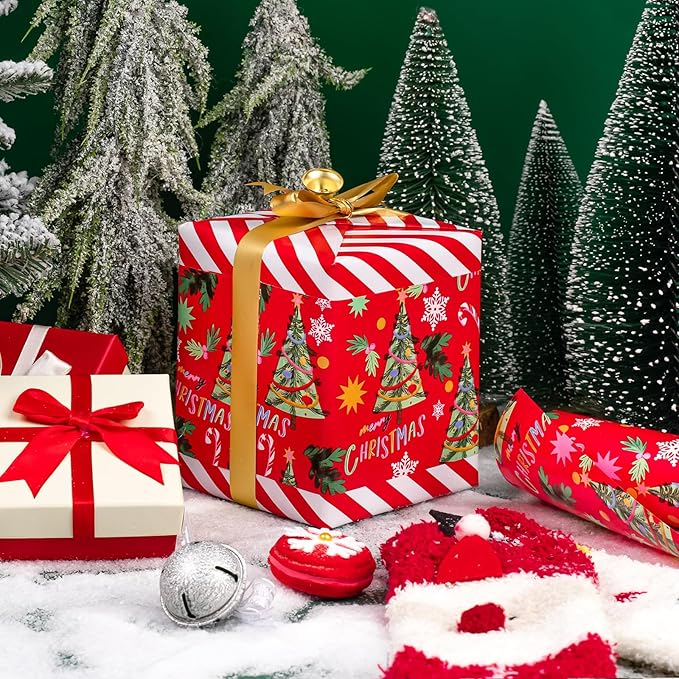 WRAPAHOLIC Reversible Christmas Wrapping Paper - Mini Roll - 17 Inch x 33 Feet - Red Christmas Tree Wrapping Paper and Stripe Design for Holiday, Party Celebration
