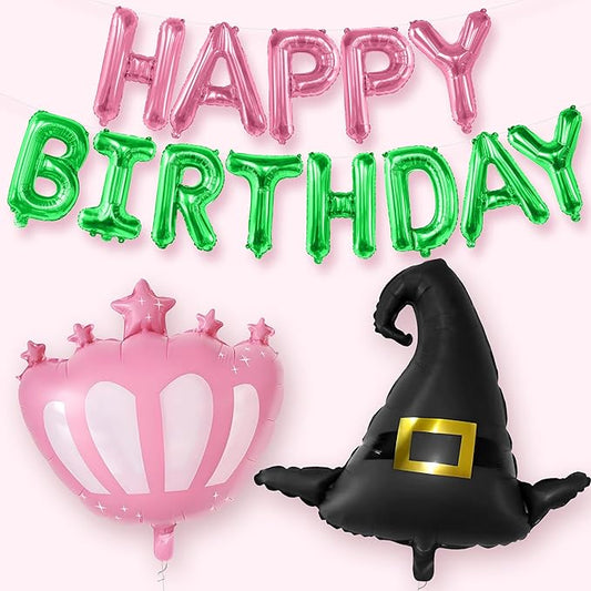 KatchOn, Happy Birthday Balloon Banner - Pack of 3 | Crown and Baby Witch Hat for Witch Birthday Decoration | Halloween Birthday Party Decorations for Kids | Wicked Party Decorations