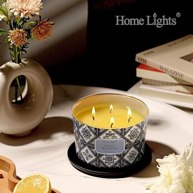 HomeLights 4-Wick Candles for Home Scented - 18oz Soy Wax Blend Candle Long-Lasting Fragrance, Bohemian Natural Textures Home Decor and Housewarming Gifts, Lilac Blossom