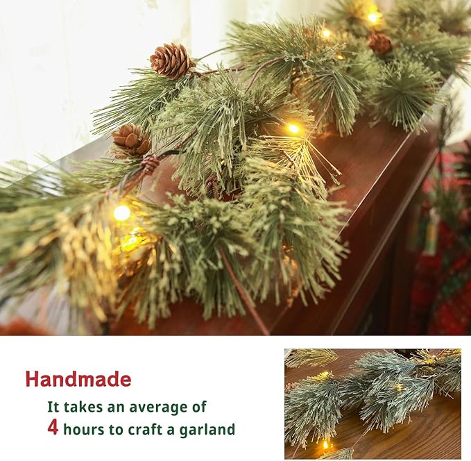 6.4ft Smokey Christmas Garland with Lights, Prelit Natual Rustic Cedar Pine Garland with Pine Cones for Home New Year, Mantle, Fireplace, Indoor Outdoor Decoration Simple Garland