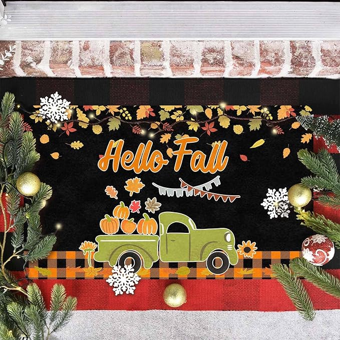 Fall-Happy-Thanksgiving Door Mat Fall Truck Maple Leaves Welcome Doormat, Seasonal Harvest Thanksgiving Vintage Rustic Low-Profile Floor Switch Mat for Indoor Outdoor, 30"x18"inch, 30"x18"inch