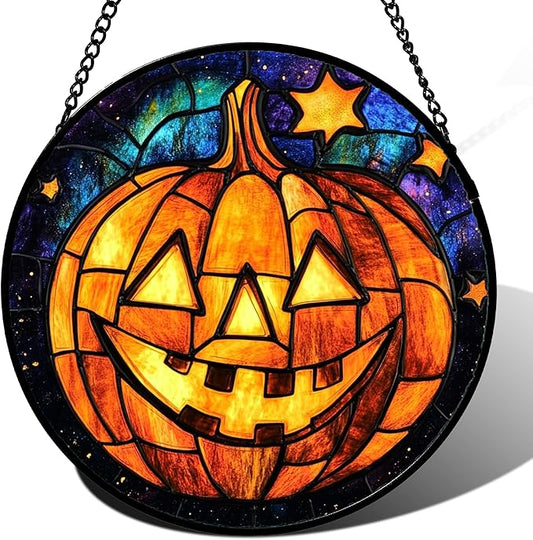 Stained Glass Window Hanging Halloween Horror Golden Pumpkin 15" - Suncatcher Door Garden Sunroom Gothic Style Sun Catcher Birthday for Friend Mom Men Woman Nana